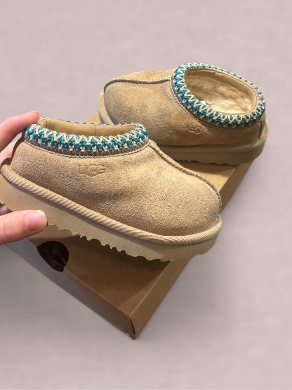 Toddler UGG Tasman Suede Slip-On Clog in Chestnut with Teal Trim